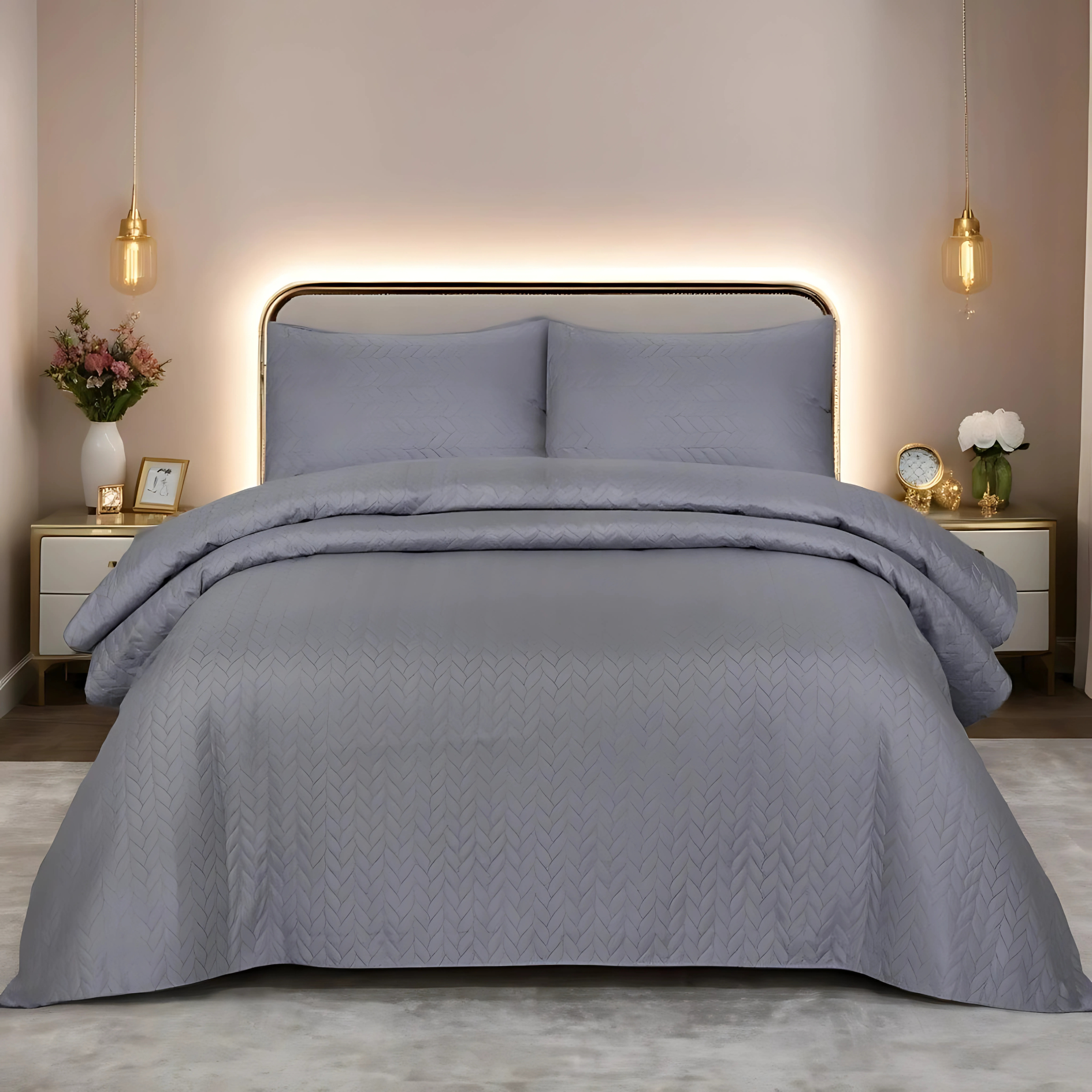 GREY N.P BEDSPREAD SET - 3 PCS (PREMIUM)