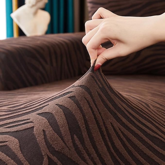 L Shape Zebra Velvet Sofa Covers - Fitted Style ( Dark Brown )