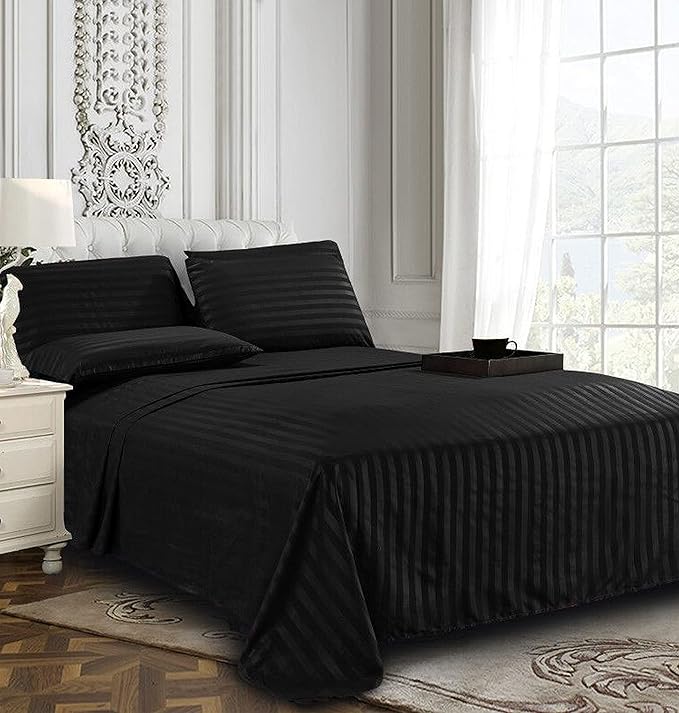 BLACK SATIN STRIPE BEDSHEET SET - 5 PCS