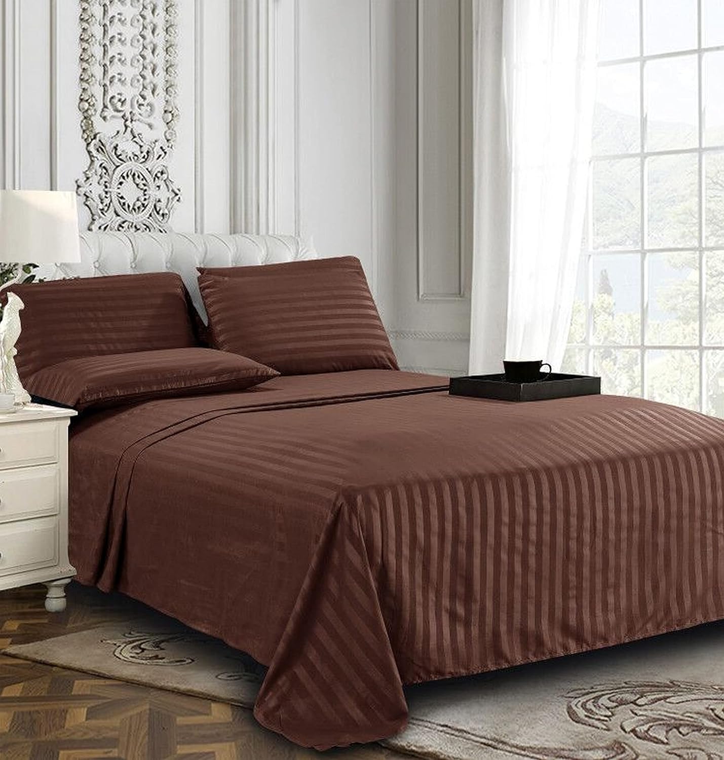 CHOCO SATIN STRIPE BEDSHEET SET - 5 PCS