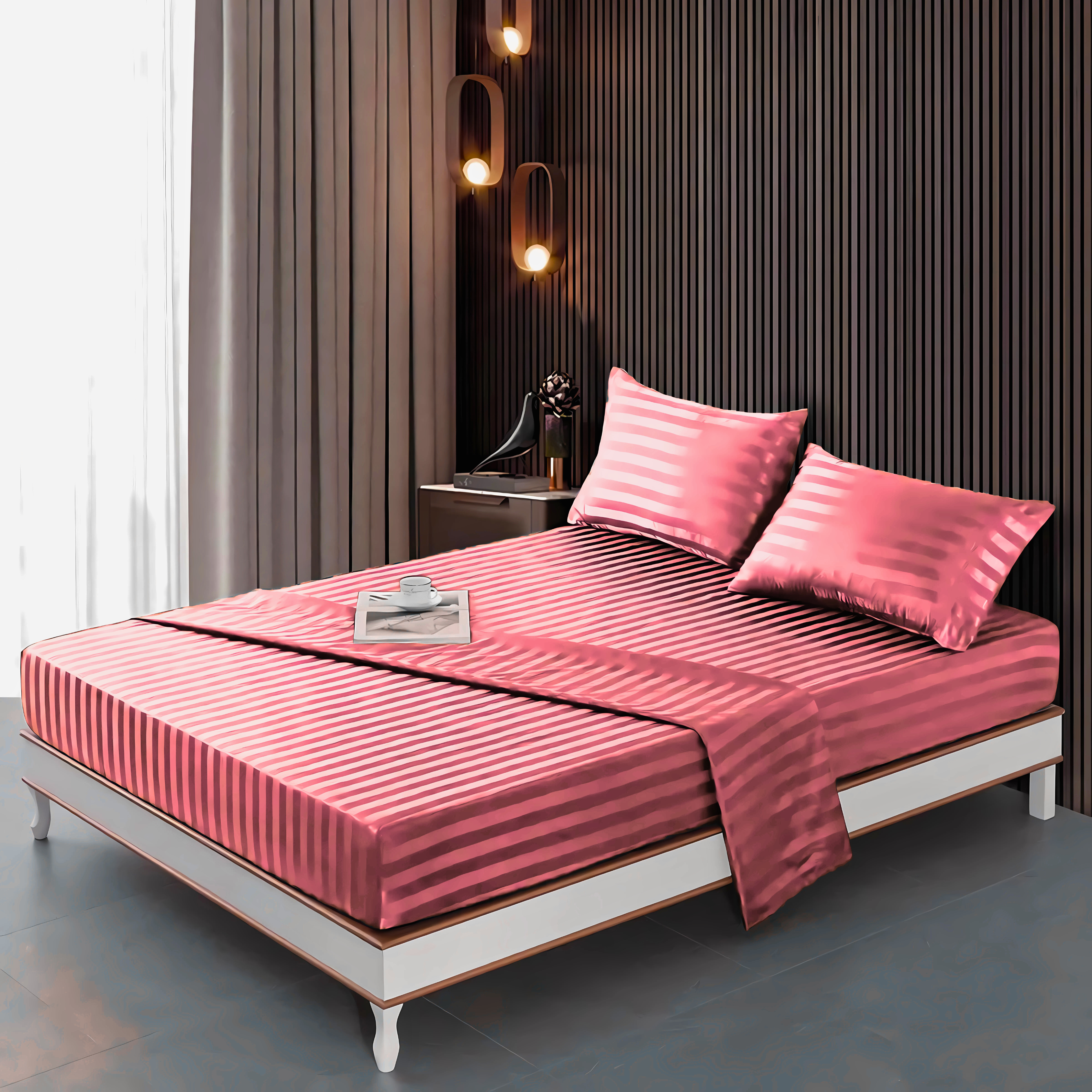 HOT PINK  stripe satin fitted sheet - (premium)