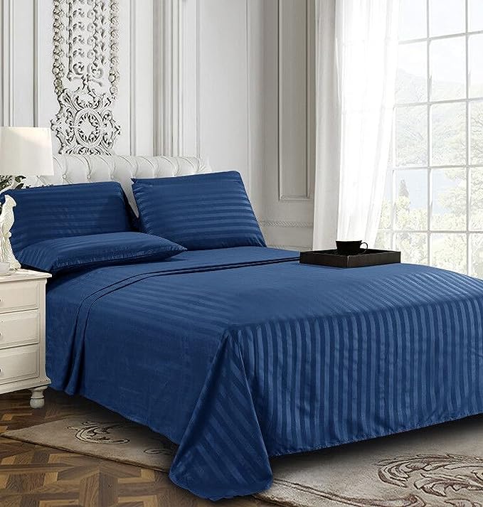 NAVY SATIN STRIPE BEDSHEET SET - 5 PCS