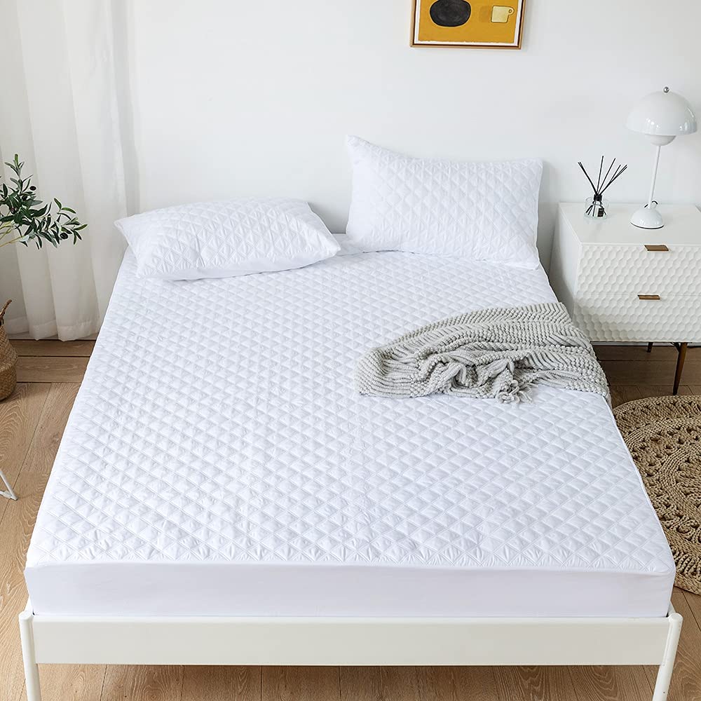 WHITE QUILTED WATERPROOF MATTRESS FITTED COVER