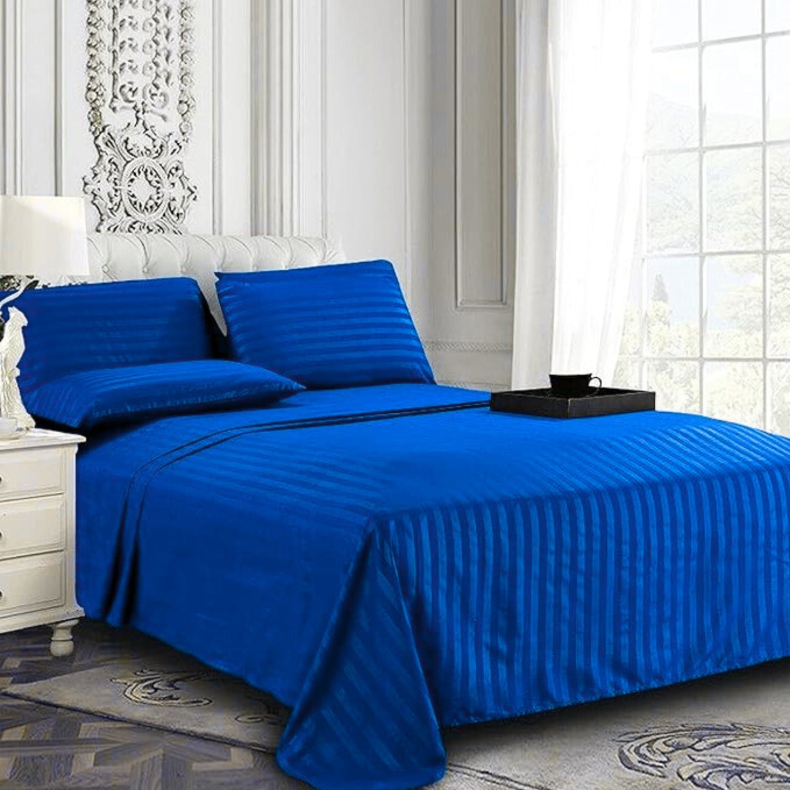 BLUE SATIN STRIPE BEDSHEET SET - 5 PCS