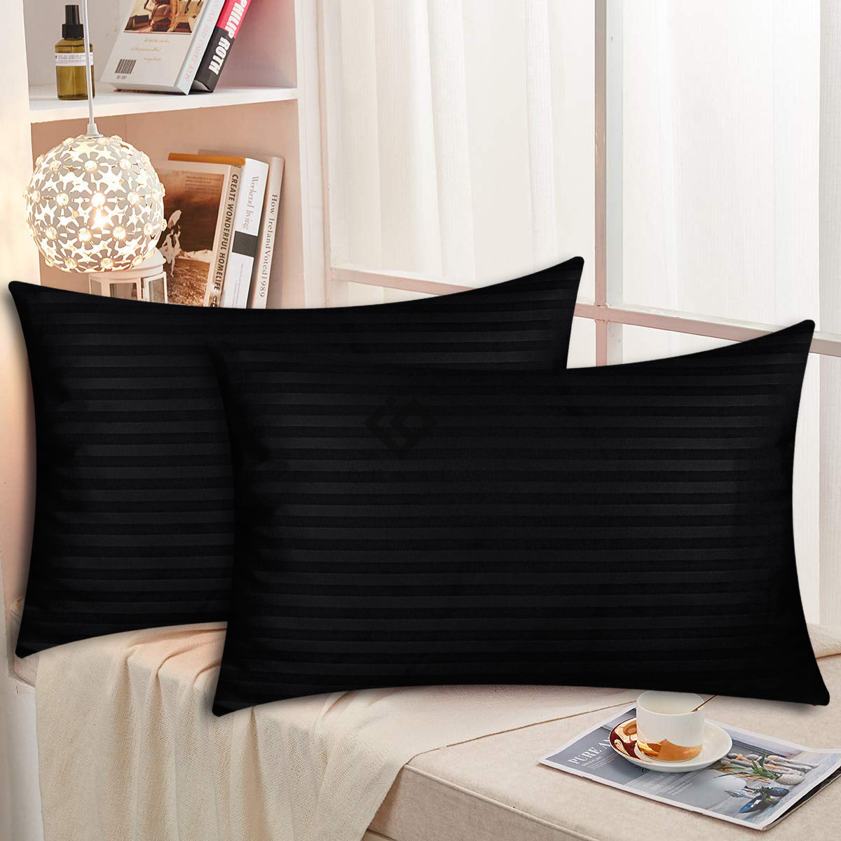 BLACK SATIN STRIPE PILLOW COVERS