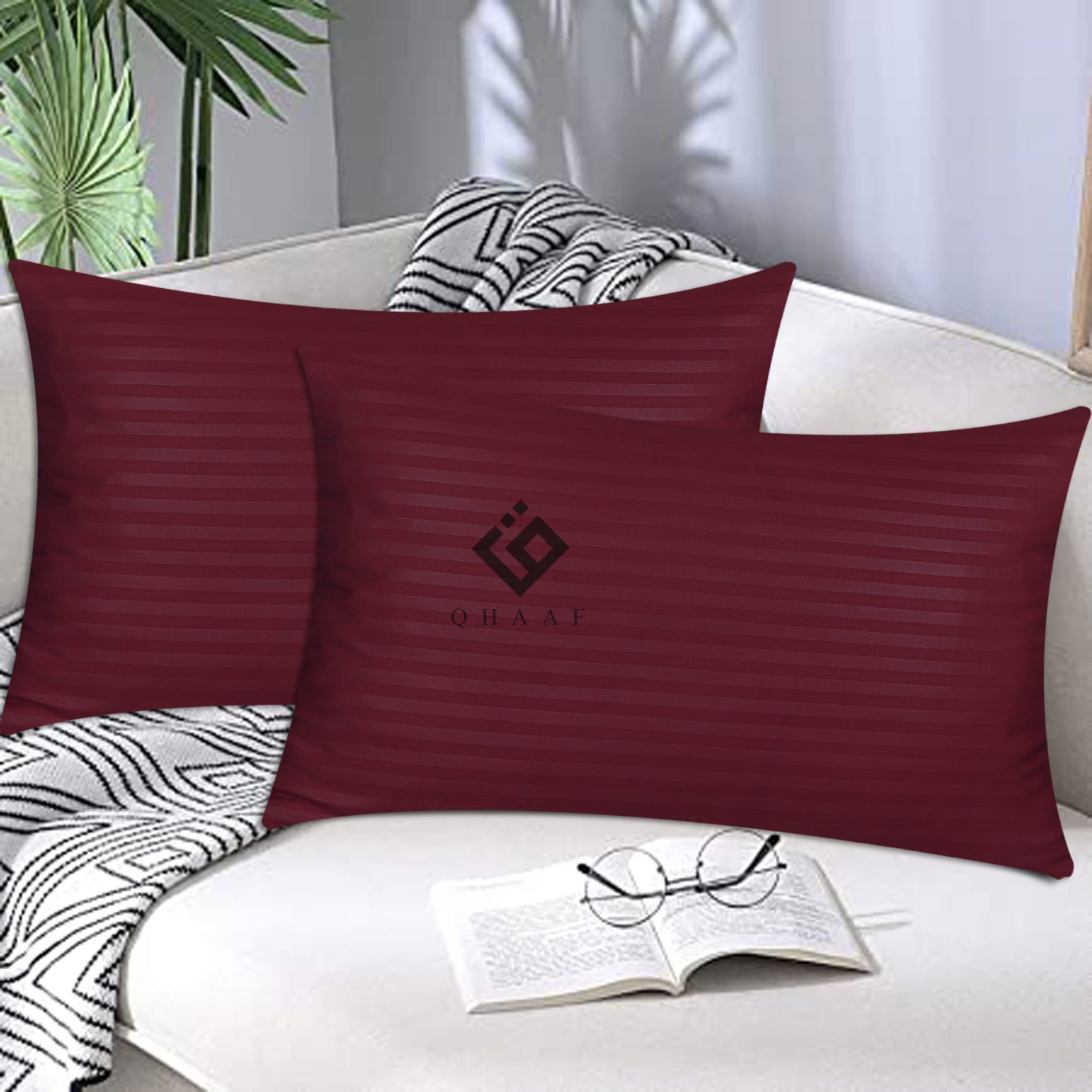 MAROON SATIN STRIPE PILLOW COVERS